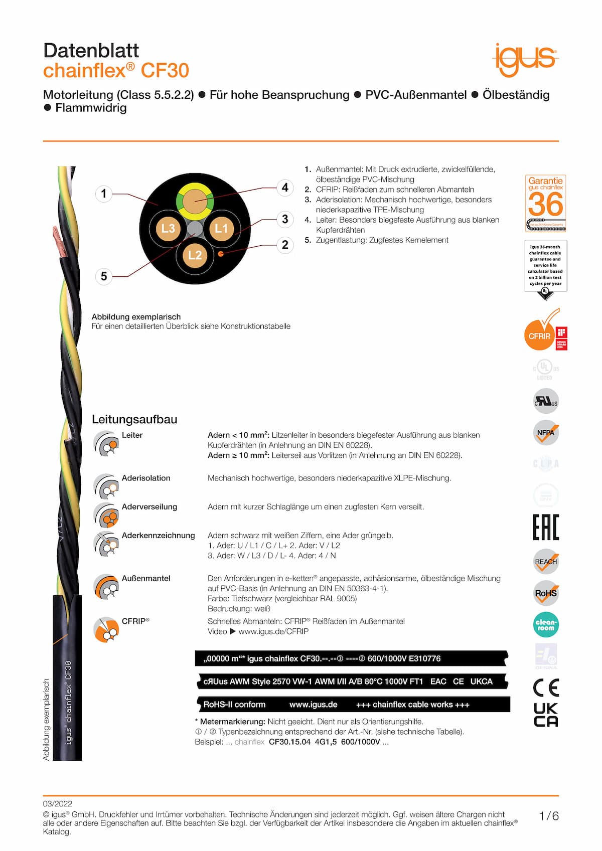 Technisches Datenblatt chainflex® Motorleitung CF30